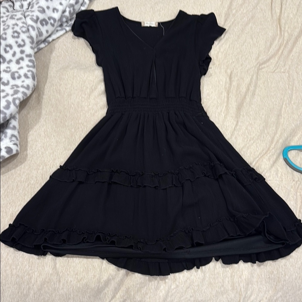 Altar'd State Black Fit and Flare Dress with Flutter Cap Sleeves